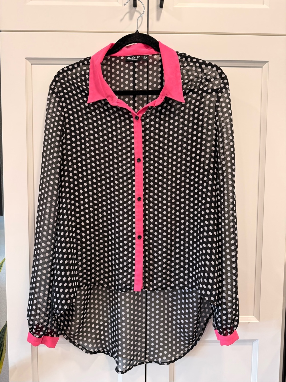Allen B. By Allen Schwartz Black Polka Dot Sheer Blouse with Pink Trim